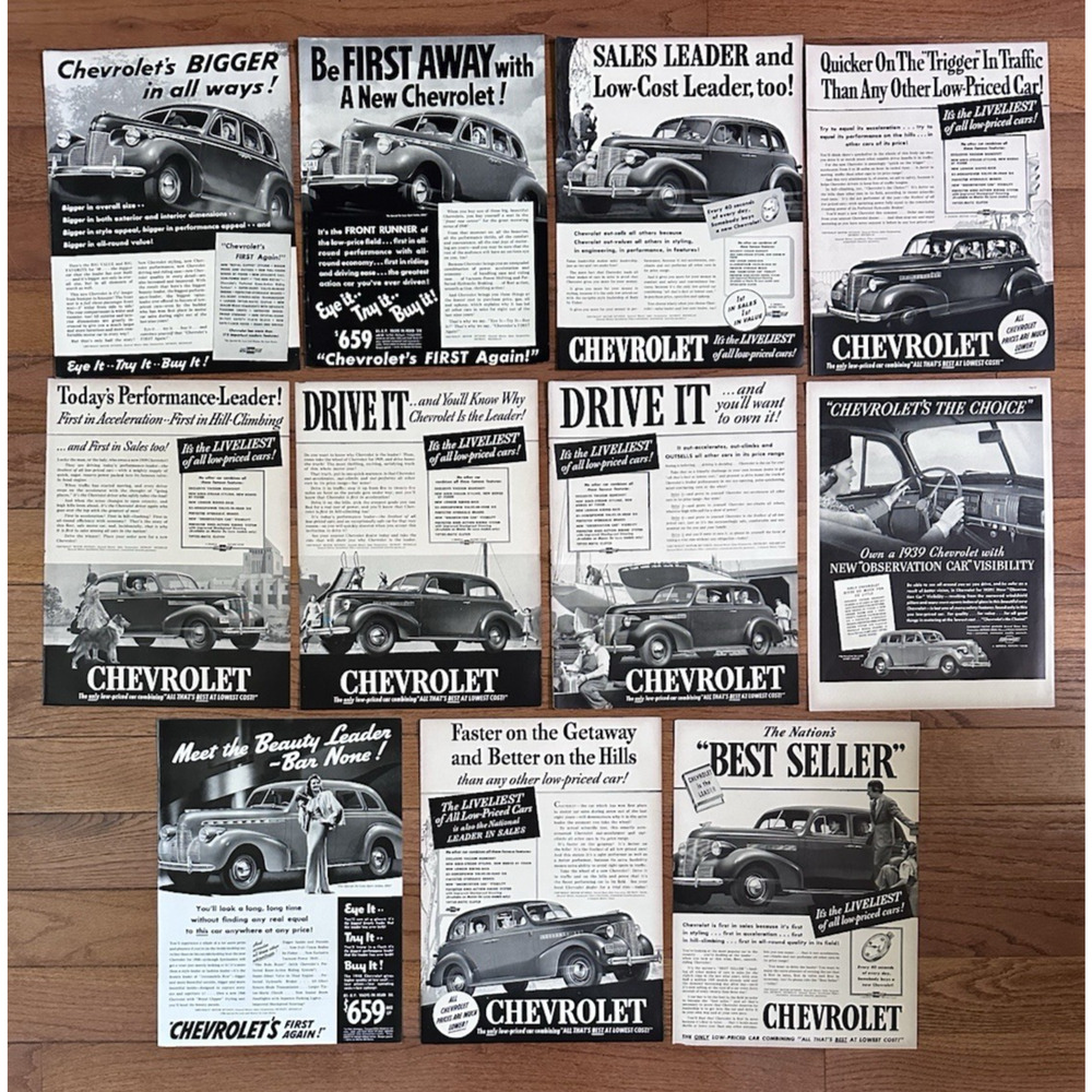 Lot of 11 Vintage 1939 Chevrolet Ads “Drive It” “Best Seller"